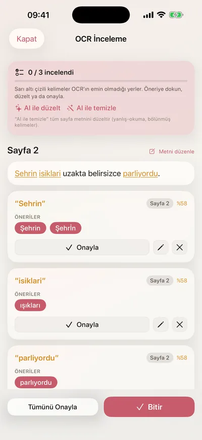 Reviewing the words the text recognition wasn't sure of