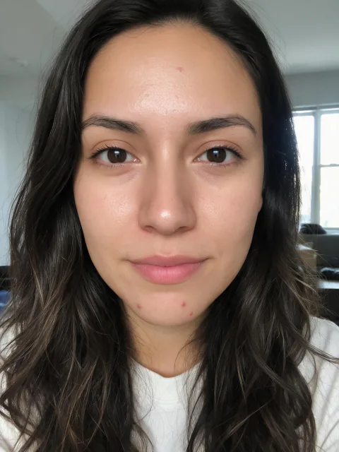 Example 1, before: a plain selfie of a generated woman, with a few small blemishes on her chin and forehead