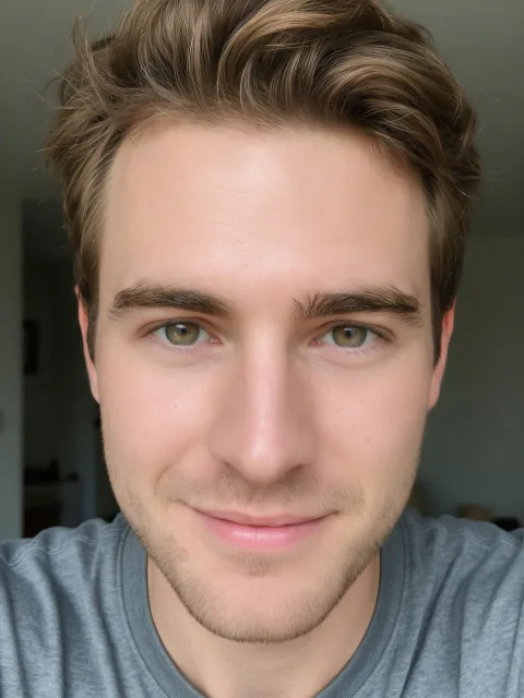 The man's same selfie with Beautify Me at Balanced: skin and under-eyes retouched; hair, clothes and background unchanged