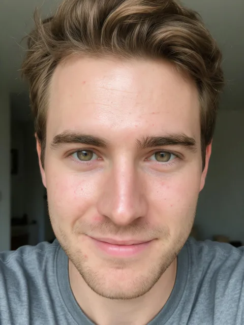 Example 2, before: a plain selfie of a generated man, with redness and small blemishes on his forehead and cheeks